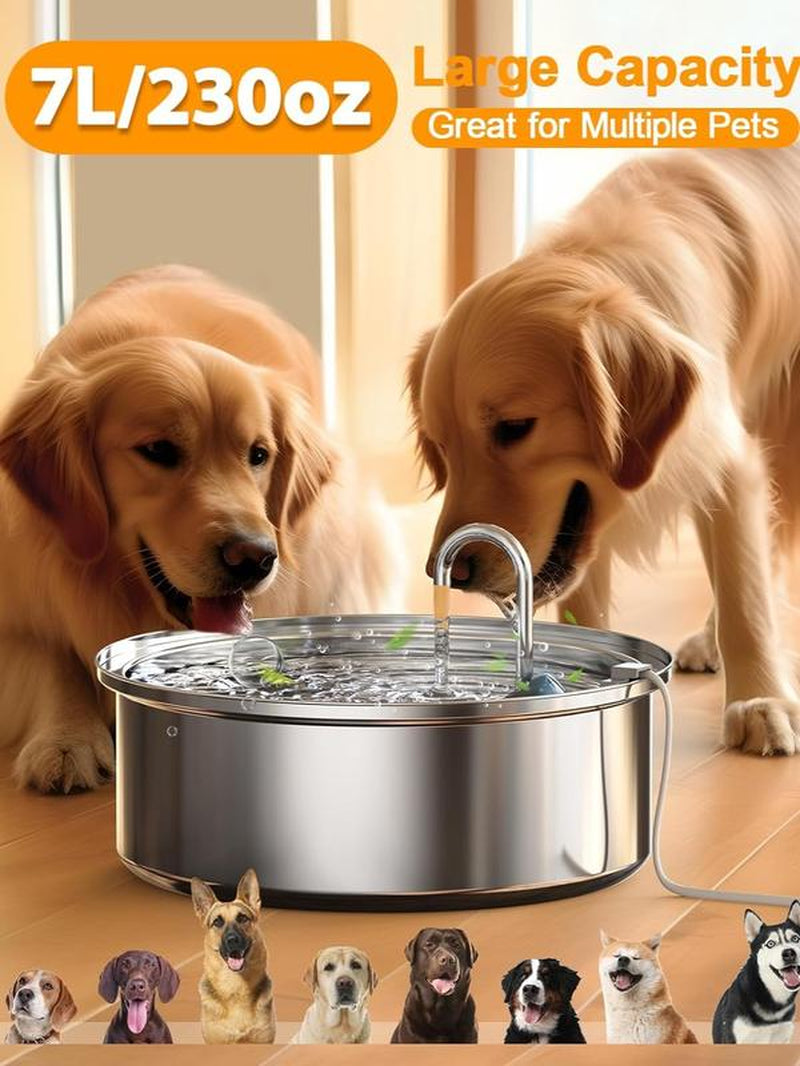 Oneisall Dog Water Fountain for Large Dogs with 3 Filters, 7L/230Oz/1.8G Stainless Steel Dog Fountain Super Quiet with Triple Filtration,Great for Large Dogs Cats and Multi-Pet Home