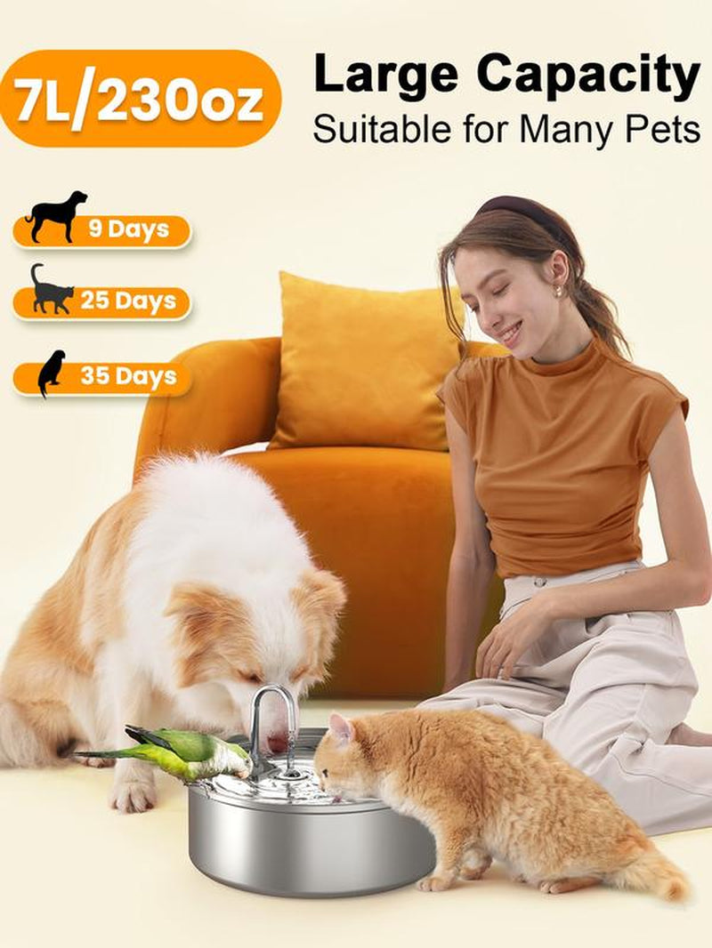 Oneisall Dog Water Fountain for Large Dogs with 3 Filters, 7L/230Oz/1.8G Stainless Steel Dog Fountain Super Quiet with Triple Filtration,Great for Large Dogs Cats and Multi-Pet Home